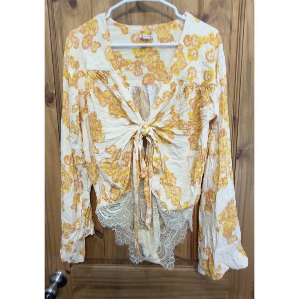 Free People Say It To Me Bodysuit Ivory Orange Floral Lace Boho Tie Front